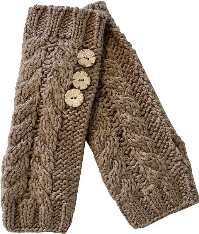 Women's Hand-Knitted Winter Hat Scarf and Hand Warmer Set with Inga Button Design Luxurious Acrylic Adjustable Fit Elegant Brown and Cream by Sock Stack. Buy now for £8.00.