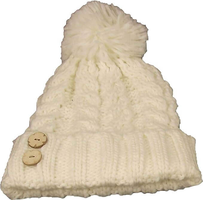 Women's Hand-Knitted Winter Hat Scarf and Hand Warmer Set with Inga Button Design Luxurious Acrylic Adjustable Fit Elegant Brown and Cream by Sock Stack. Buy now for £8.00.