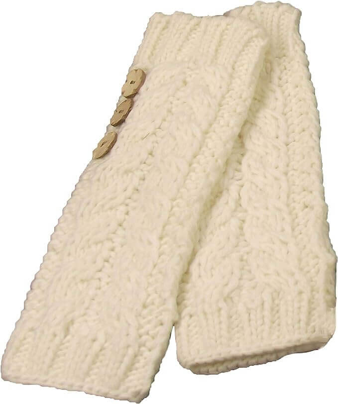 Women's Hand-Knitted Winter Hat Scarf and Hand Warmer Set with Inga Button Design Luxurious Acrylic Adjustable Fit Elegant Brown and Cream by Sock Stack. Buy now for £8.00.