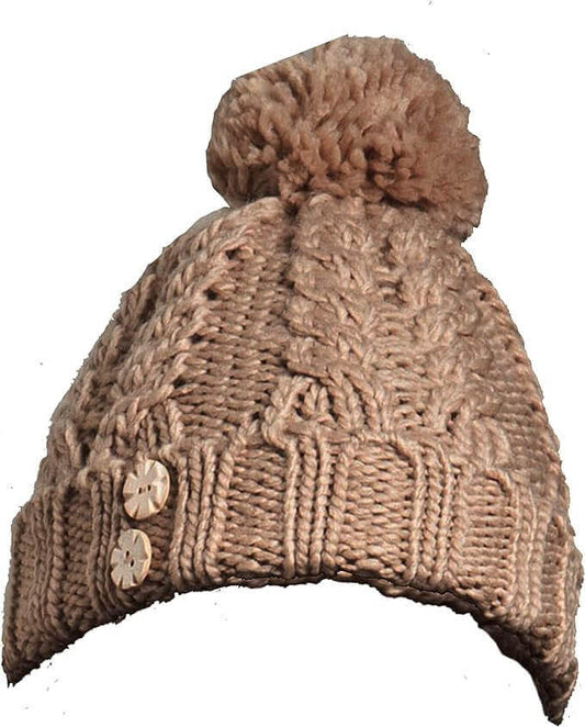 Women's Hand-Knitted Winter Hat Scarf and Hand Warmer Set with Inga Button Design Luxurious Acrylic Adjustable Fit Elegant Brown and Cream by Sock Stack. Buy now for £8.00.
