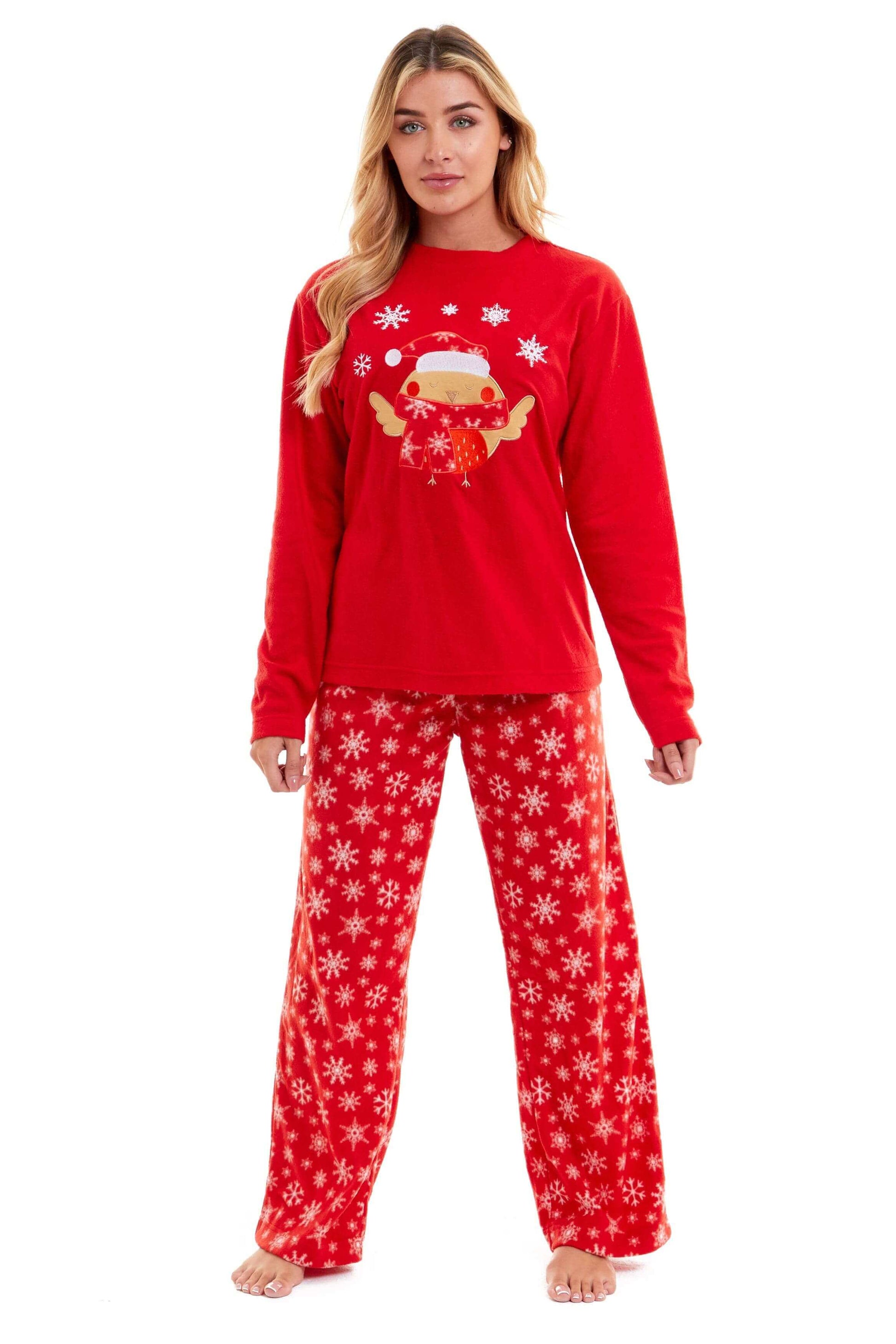 Women's Red Robin Polar Fleece Pyjama Set Super Soft Hooded Top and Elasticated Pants with Embroidered Detailing by Daisy Dreamer. Buy now for £17.00.