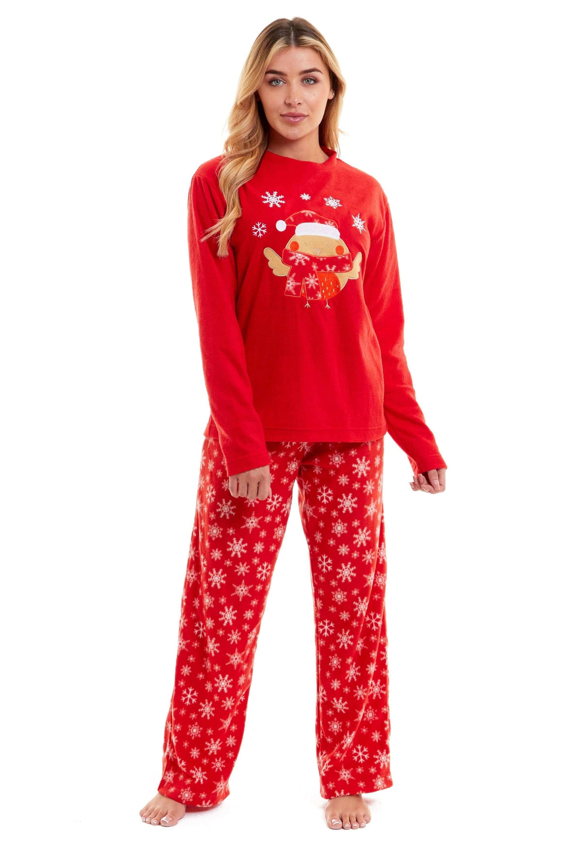 Women's Red Robin Polar Fleece Pyjama Set Super Soft Hooded Top and Elasticated Pants with Embroidered Detailing by Daisy Dreamer. Buy now for £17.00.
