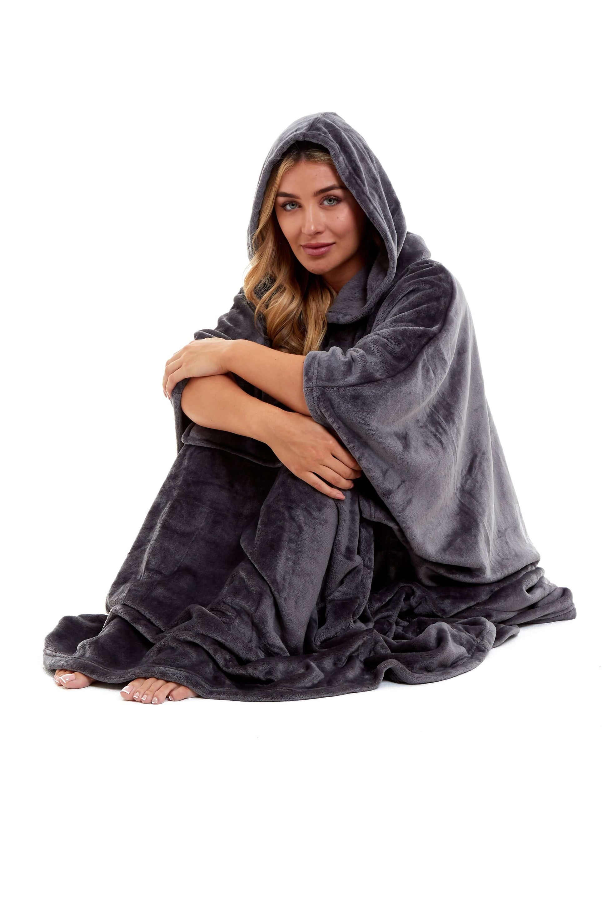Women's Super Soft Oversized Hooded Poncho Blanket Navy Charcoal Flannel Fleece Cozy Loungewear Nightwear Warm Hoodie One Size Fits Most Adults by Daisy Dreamer. Buy now for £20.00.