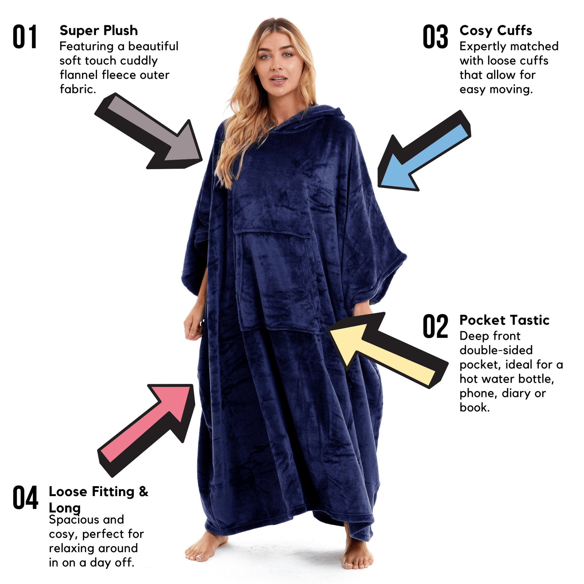 Women's Super Soft Oversized Hooded Poncho Blanket Navy Charcoal Flannel Fleece Cozy Loungewear Nightwear Warm Hoodie One Size Fits Most Adults by Daisy Dreamer. Buy now for £20.00.