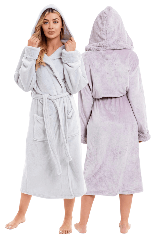 Women's Super Soft Plush Fleece Faux Fur Hooded Robe Luxurious Loungewear Bathrobe for Spa Hotel Home Pink Grey Sizes S-XL by Daisy Dreamer. Buy now for £20.00.