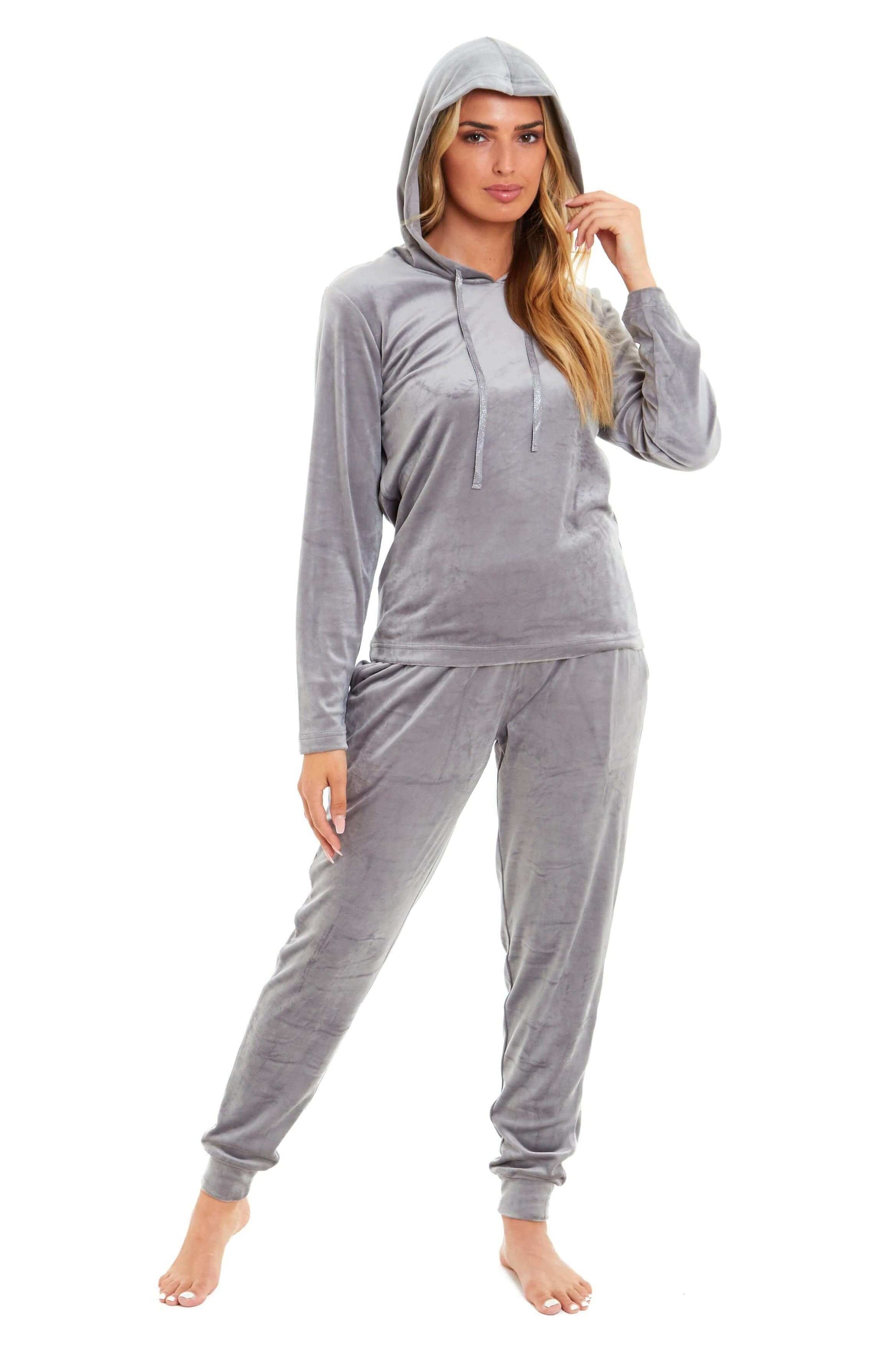 Women's Super Soft Velour Hooded Pyjama Set Comfortable Fleece Loungewear for Lounging Sleeping Pajama Parties in Pink Grey by Daisy Dreamer. Buy now for £20.00.
