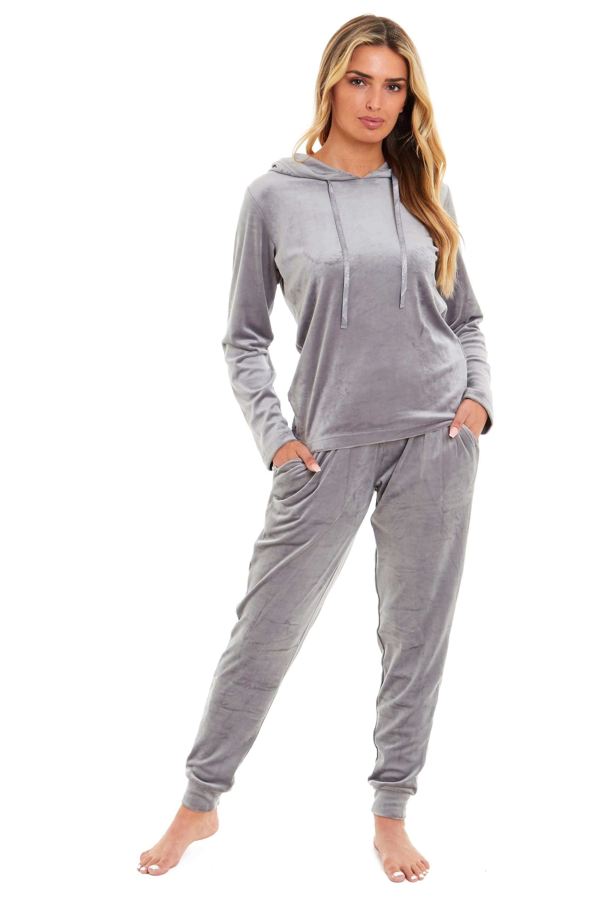 Women's Super Soft Velour Hooded Pyjama Set Comfortable Fleece Loungewear for Lounging Sleeping Pajama Parties in Pink Grey by Daisy Dreamer. Buy now for £20.00.
