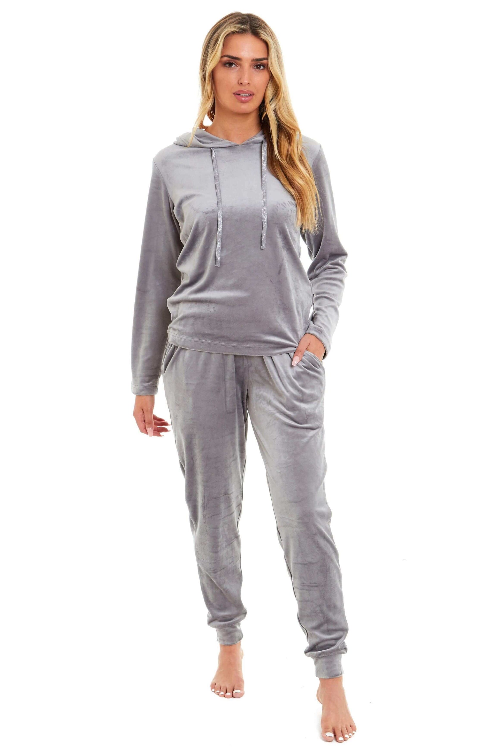 Women's Super Soft Velour Hooded Pyjama Set Comfortable Fleece Loungewear for Lounging Sleeping Pajama Parties in Pink Grey by Daisy Dreamer. Buy now for £20.00.