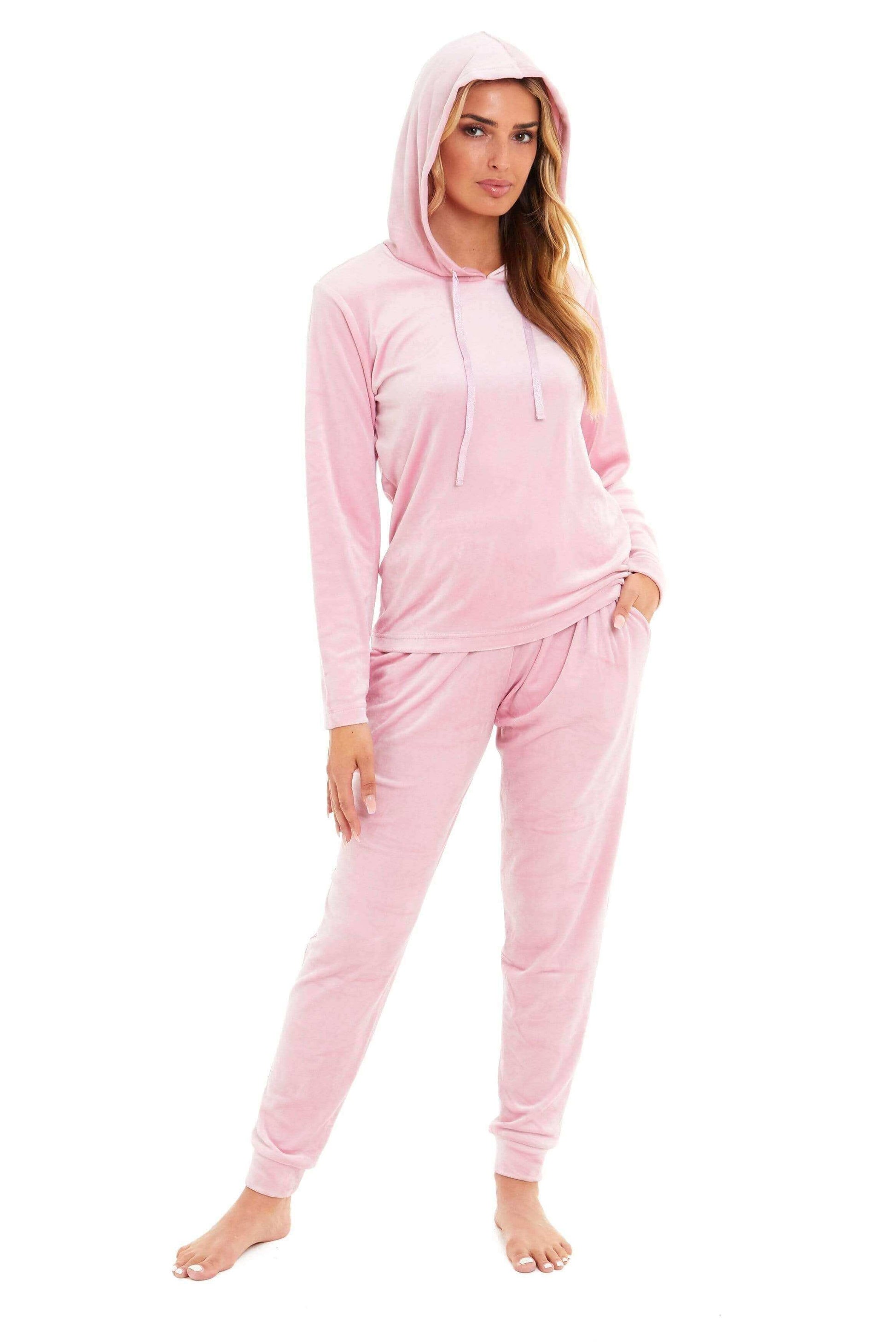 Women's Super Soft Velour Hooded Pyjama Set Comfortable Fleece Loungewear for Lounging Sleeping Pajama Parties in Pink Grey by Daisy Dreamer. Buy now for £20.00.
