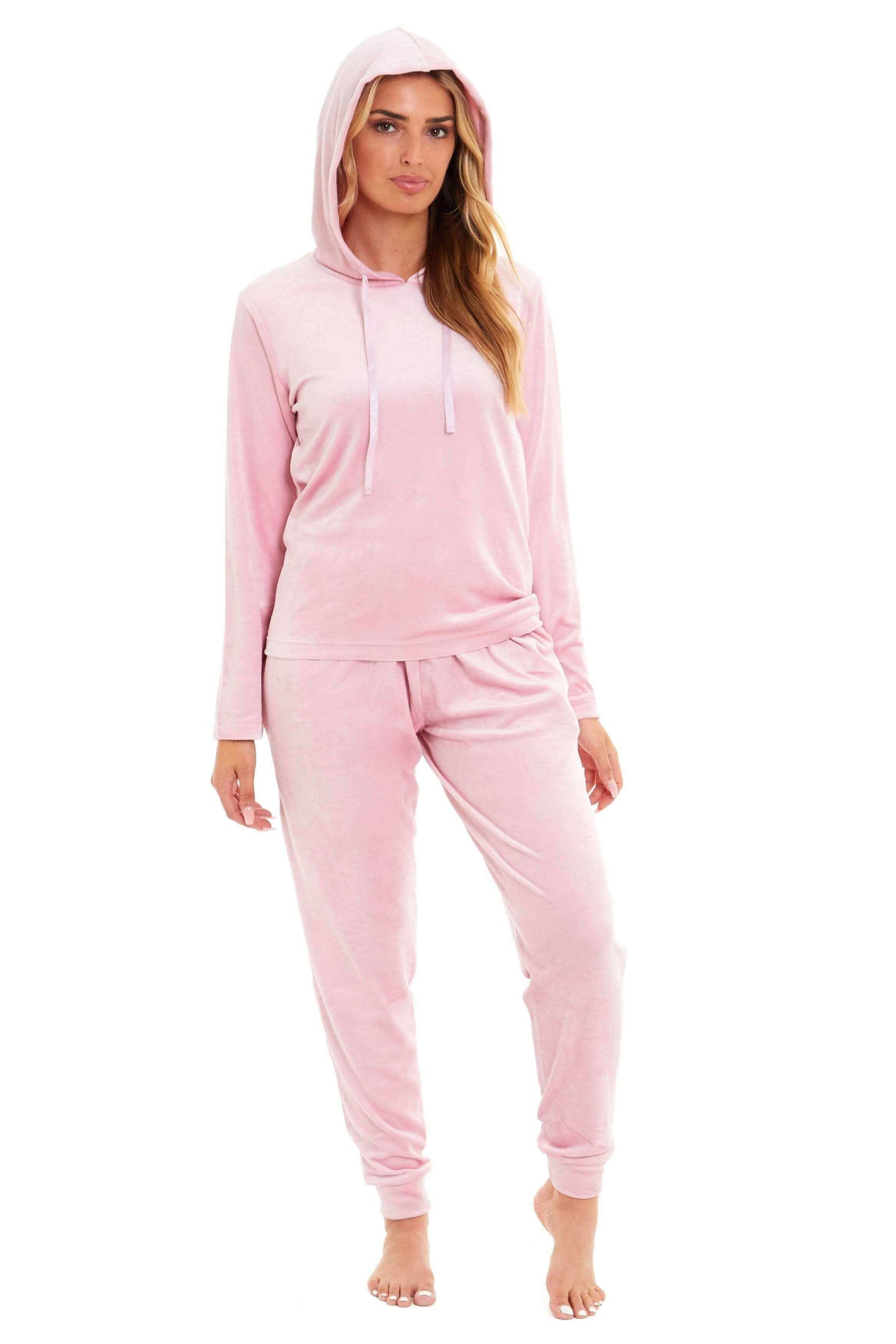 Women's Super Soft Velour Hooded Pyjama Set Comfortable Fleece Loungewear for Lounging Sleeping Pajama Parties in Pink Grey by Daisy Dreamer. Buy now for £20.00.