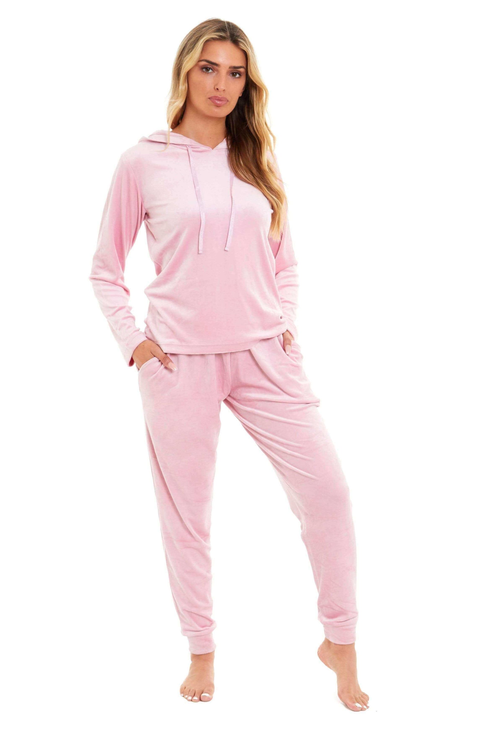 Women's Super Soft Velour Hooded Pyjama Set Comfortable Fleece Loungewear for Lounging Sleeping Pajama Parties in Pink Grey by Daisy Dreamer. Buy now for £20.00.