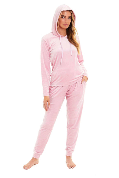 Women's Super Soft Velour Hooded Pyjama Set Comfortable Fleece Loungewear for Lounging Sleeping Pajama Parties in Pink Grey by Daisy Dreamer. Buy now for £20.00.
