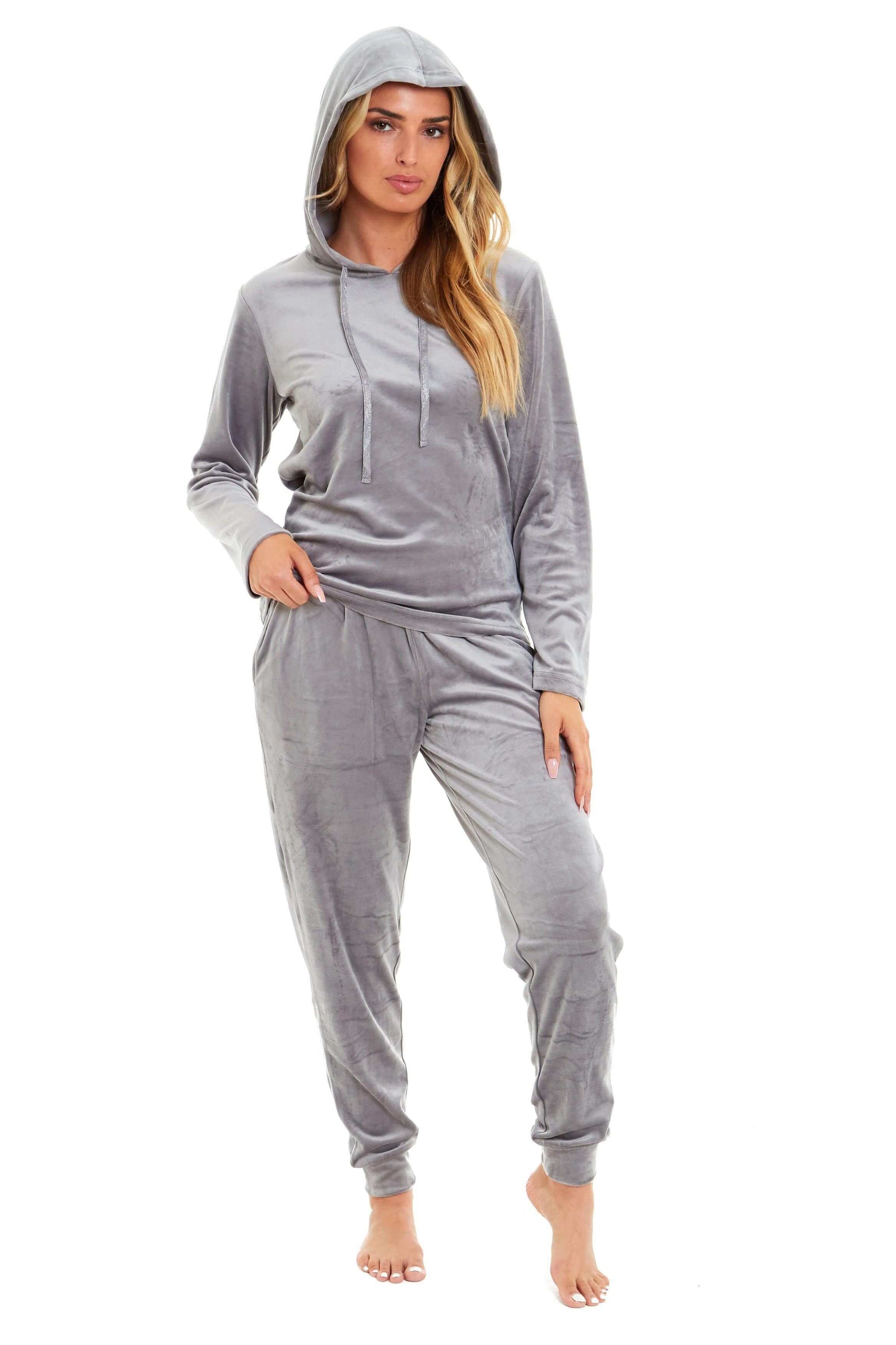 Women's Super Soft Velour Hooded Pyjama Set Comfortable Fleece Loungewear for Lounging Sleeping Pajama Parties in Pink Grey by Daisy Dreamer. Buy now for £20.00.