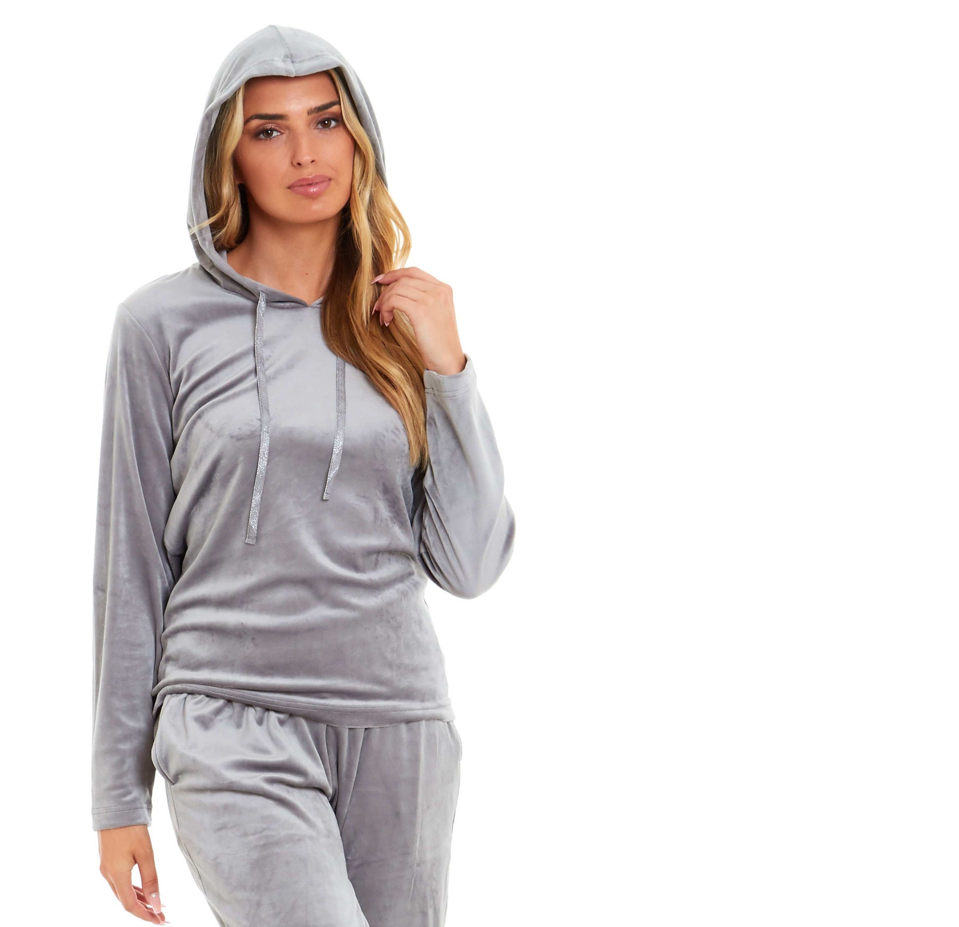 Women's Super Soft Velour Hooded Pyjama Set Comfortable Fleece Loungewear for Lounging Sleeping Pajama Parties in Pink Grey by Daisy Dreamer. Buy now for £20.00.