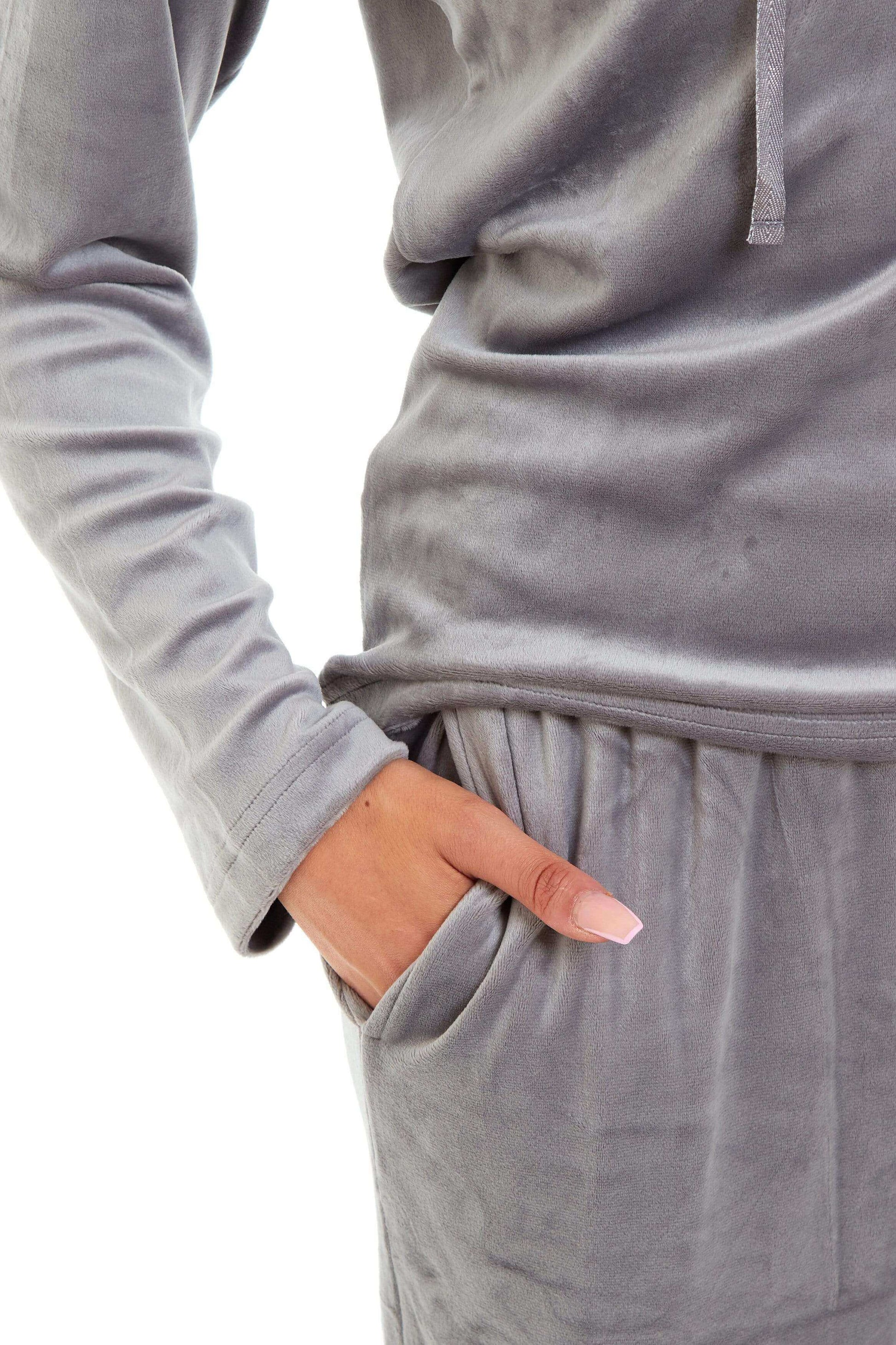 Women's Super Soft Velour Hooded Pyjama Set Comfortable Fleece Loungewear for Lounging Sleeping Pajama Parties in Pink Grey by Daisy Dreamer. Buy now for £20.00.