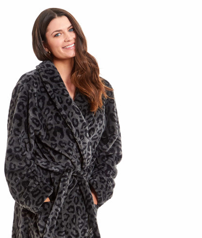 Women's Ultra-Soft Black Leopard Plush Fleece Bath Robe Warm Flannel Loungewear for Home Spa Gym Hotel Chic Animal Print by Daisy Dreamer. Buy now for £20.00.