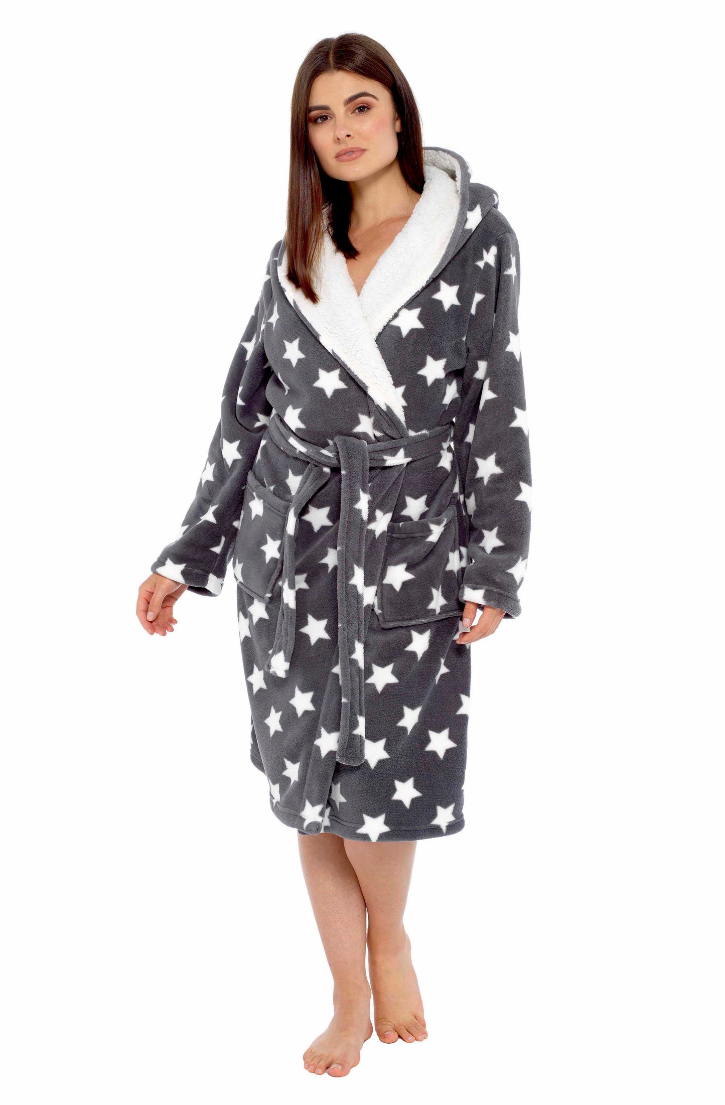 Women's Ultra Soft Plush Fleece Hooded Dressing Gown with Sherpa Lining Star Patterned Cozy Loungewear Nightwear Available in Sizes Small to X Large by Daisy Dreamer. Buy now for £20.00.