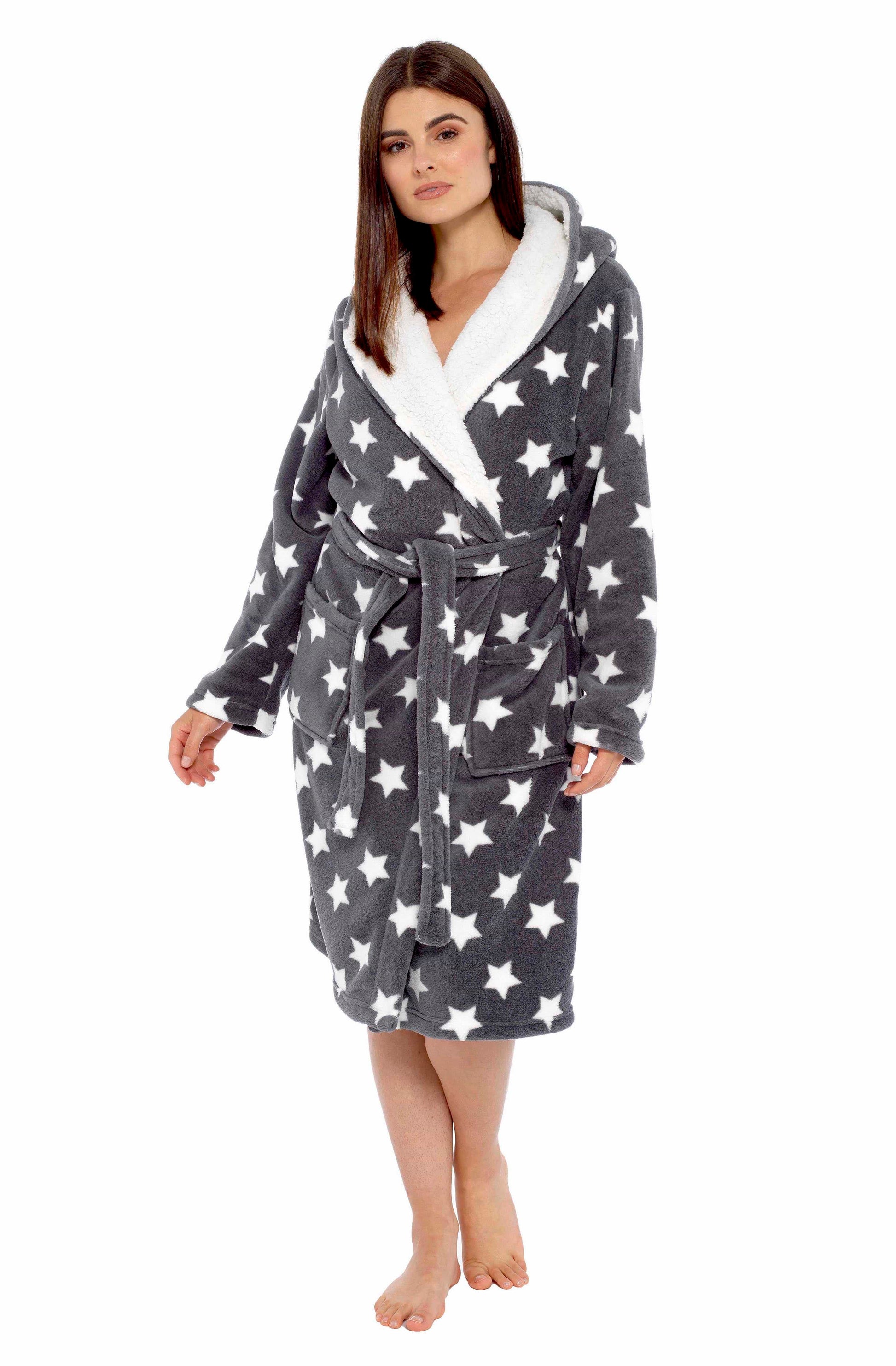 Women's Ultra Soft Plush Fleece Hooded Dressing Gown with Sherpa Lining Star Patterned Cozy Loungewear Nightwear Available in Sizes Small to X Large by Daisy Dreamer. Buy now for £20.00.