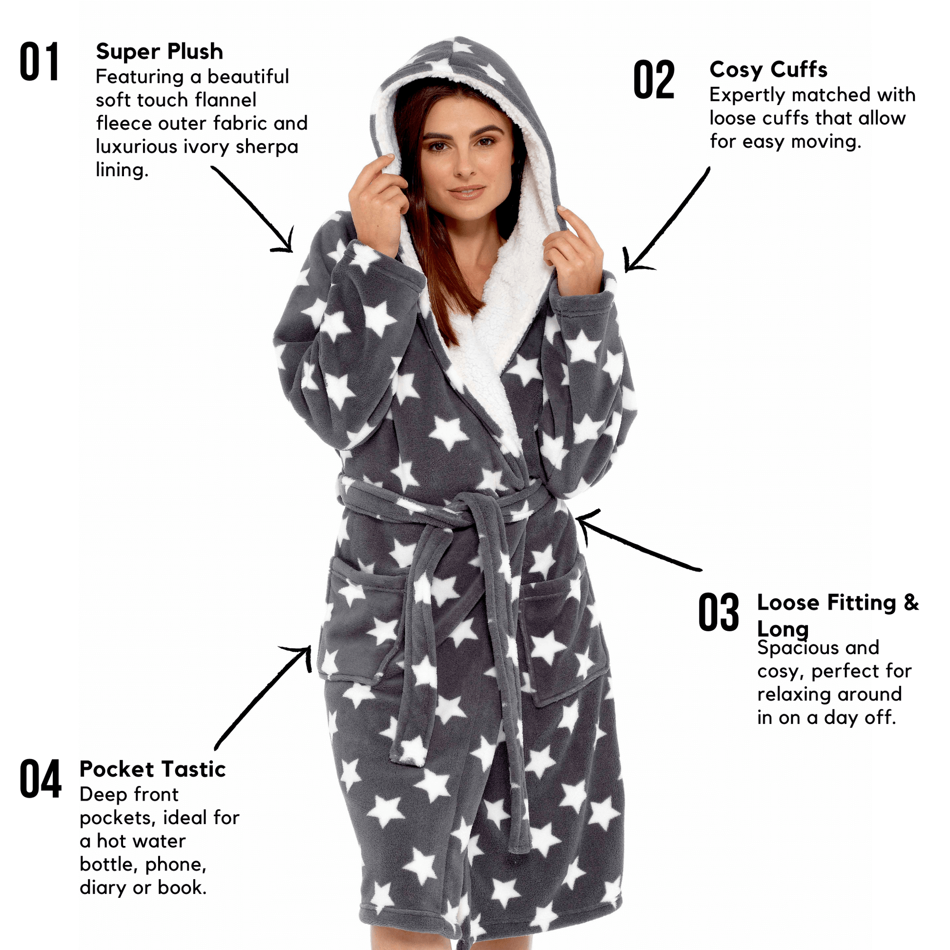 Women's Ultra Soft Plush Fleece Hooded Dressing Gown with Sherpa Lining Star Patterned Cozy Loungewear Nightwear Available in Sizes Small to X Large by Daisy Dreamer. Buy now for £20.00.