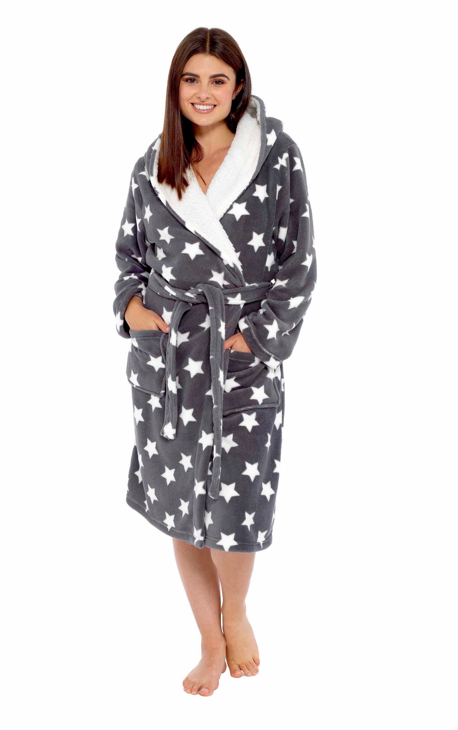 Women's Ultra Soft Plush Fleece Hooded Dressing Gown with Sherpa Lining Star Patterned Cozy Loungewear Nightwear Available in Sizes Small to X Large by Daisy Dreamer. Buy now for £20.00.