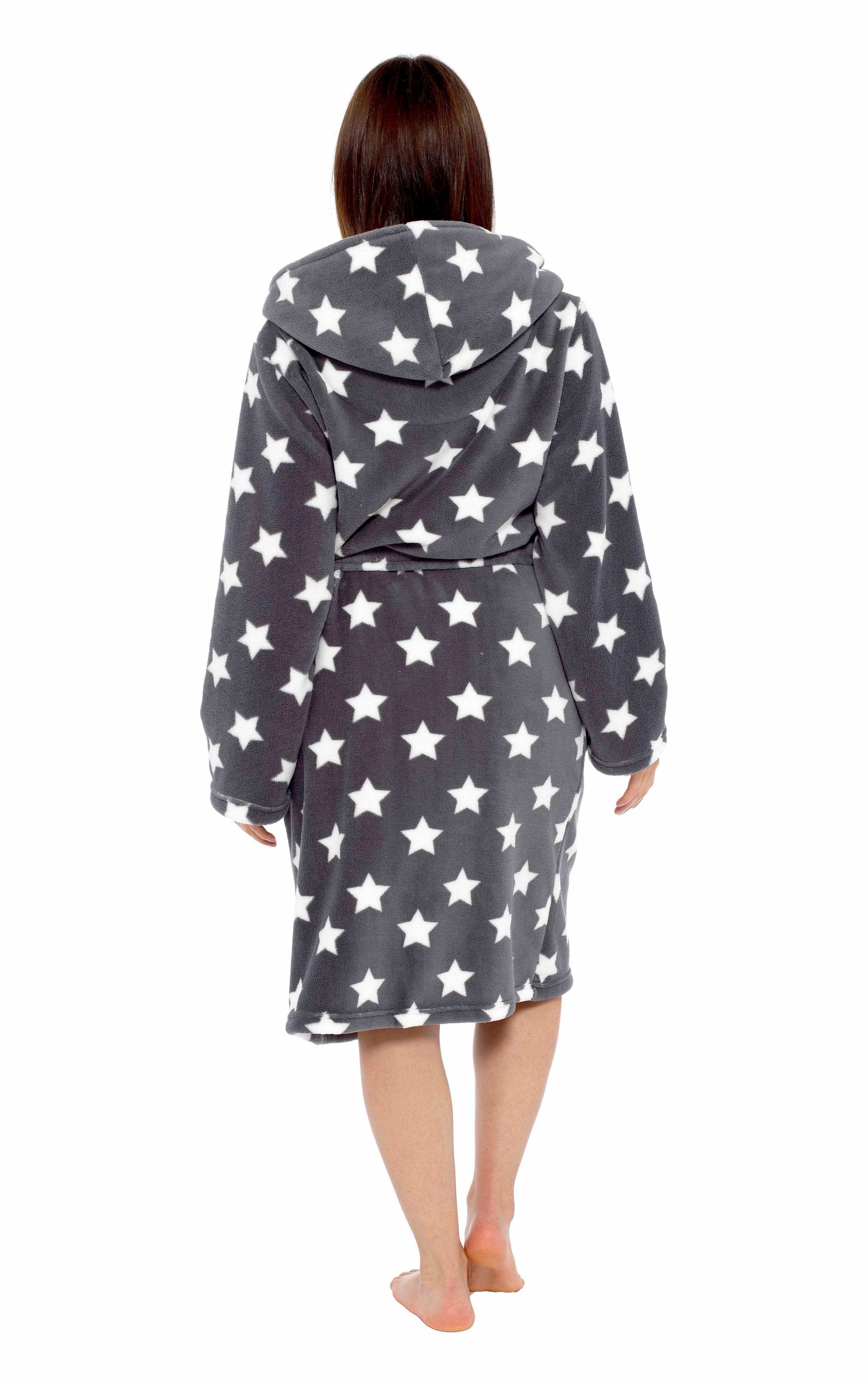 Women's Ultra Soft Plush Fleece Hooded Dressing Gown with Sherpa Lining Star Patterned Cozy Loungewear Nightwear Available in Sizes Small to X Large by Daisy Dreamer. Buy now for £20.00.