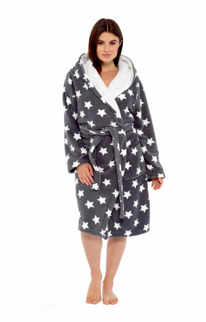 Women's Ultra Soft Plush Fleece Hooded Dressing Gown with Sherpa Lining Star Patterned Cozy Loungewear Nightwear Available in Sizes Small to X Large by Daisy Dreamer. Buy now for £20.00.
