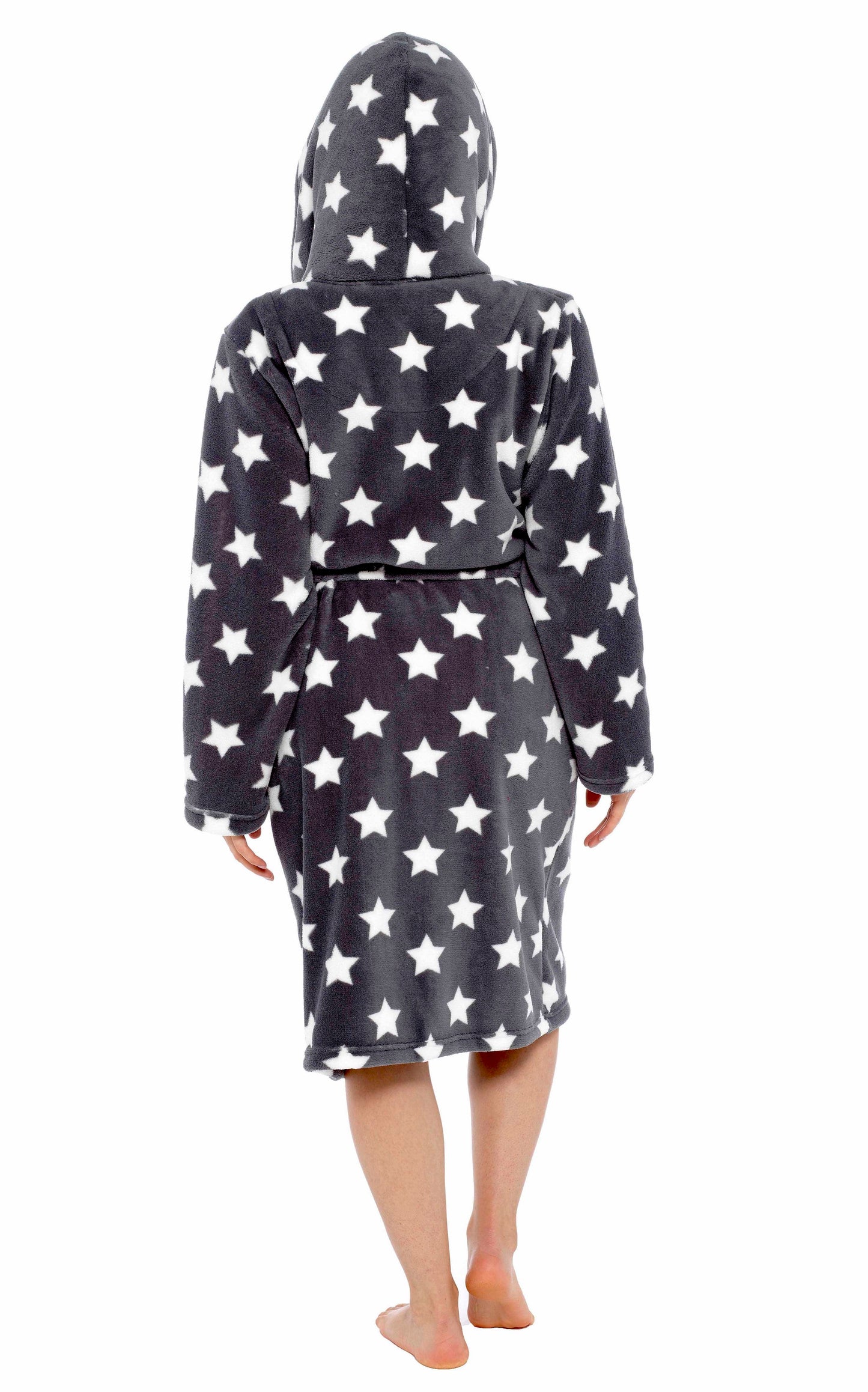 Women's Ultra Soft Plush Fleece Hooded Dressing Gown with Sherpa Lining Star Patterned Cozy Loungewear Nightwear Available in Sizes Small to X Large by Daisy Dreamer. Buy now for £20.00.