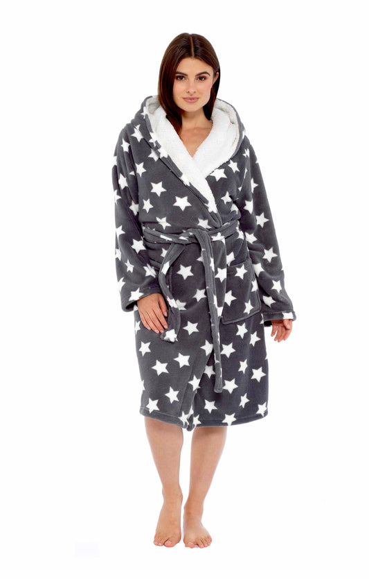 Women's Ultra Soft Plush Fleece Hooded Dressing Gown with Sherpa Lining Star Patterned Cozy Loungewear Nightwear Available in Sizes Small to X Large by Daisy Dreamer. Buy now for £20.00.