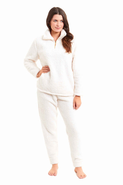 Women's Super Soft Teddy Fleece Loungewear Set Cozy Elasticated Waistband Pants and Zip Front Top in Pink Grey Cream Luxurious Nightwear by Daisy Dreamer. Buy now for £20.00.